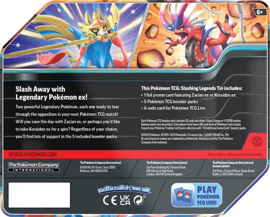 Pokemon Slashing Legends Tin (1 Tin Zacian ex OR 1 Koraidon ex)